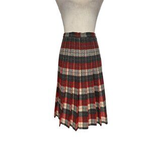 Vintage Red & Grey Plaid Wool Blend A-Line Midi Pleated Skirt 1960s Waist 25"